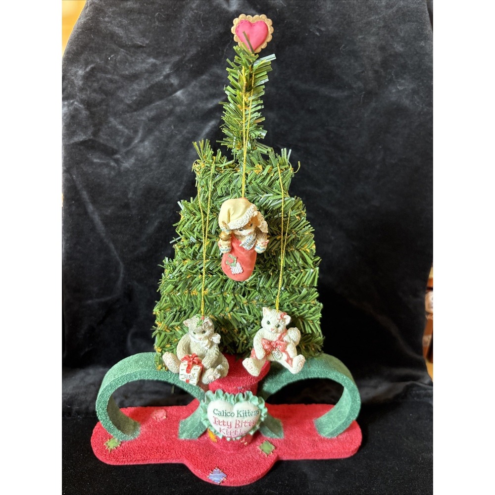 Vintage Calico Kittens Hanging Ornament Display‎ W/ Kitten Ornaments